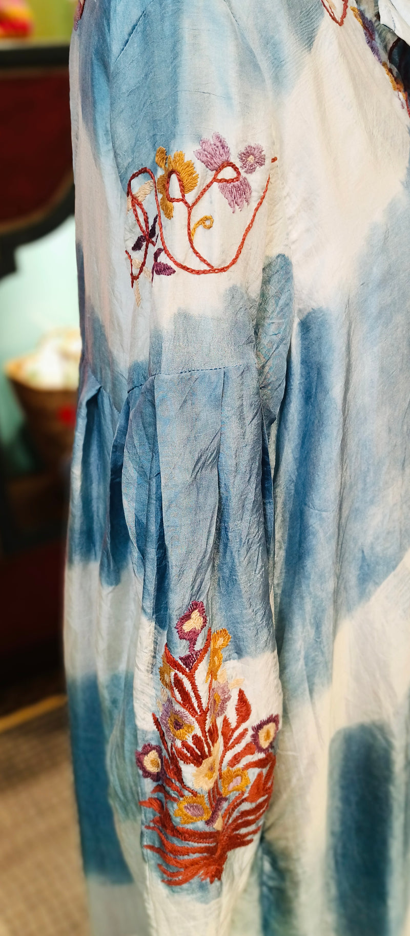 SILK EMBROIDERED TIE DYE ELEMENTAL BLUE DRESS