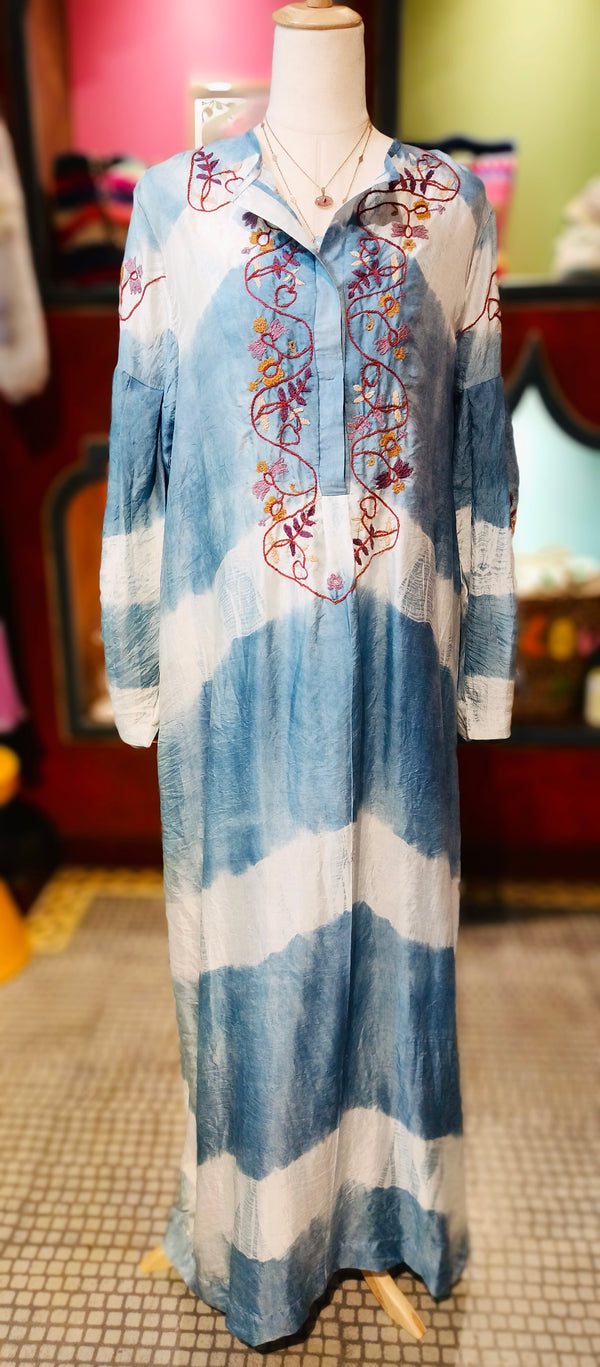 SILK EMBROIDERED TIE DYE ELEMENTAL BLUE DRESS