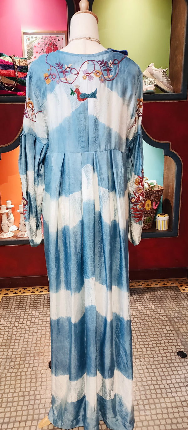 SILK EMBROIDERED TIE DYE ELEMENTAL BLUE DRESS