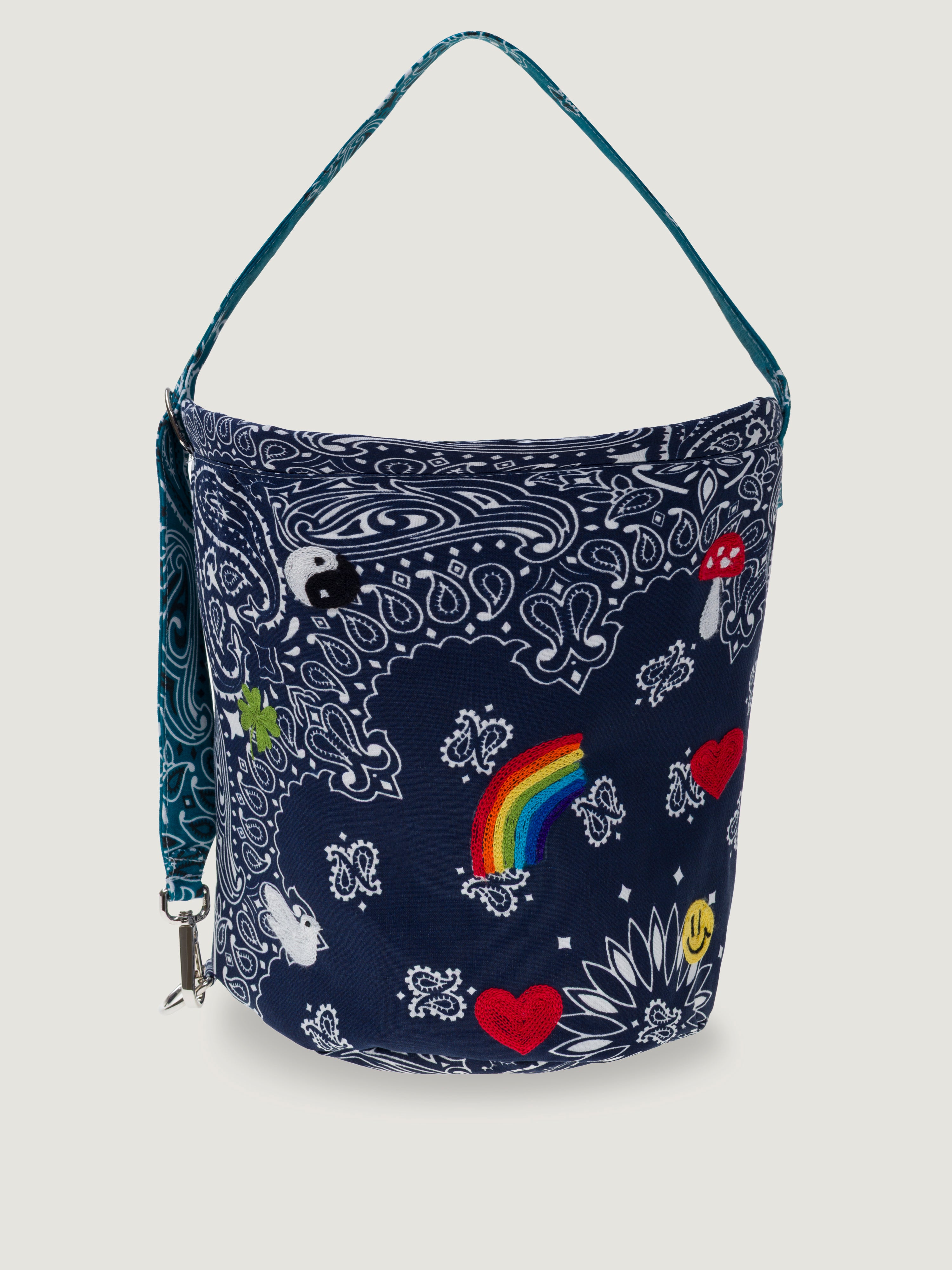 EMBROIDERED BUCKET BAG - NAVY/TEAL