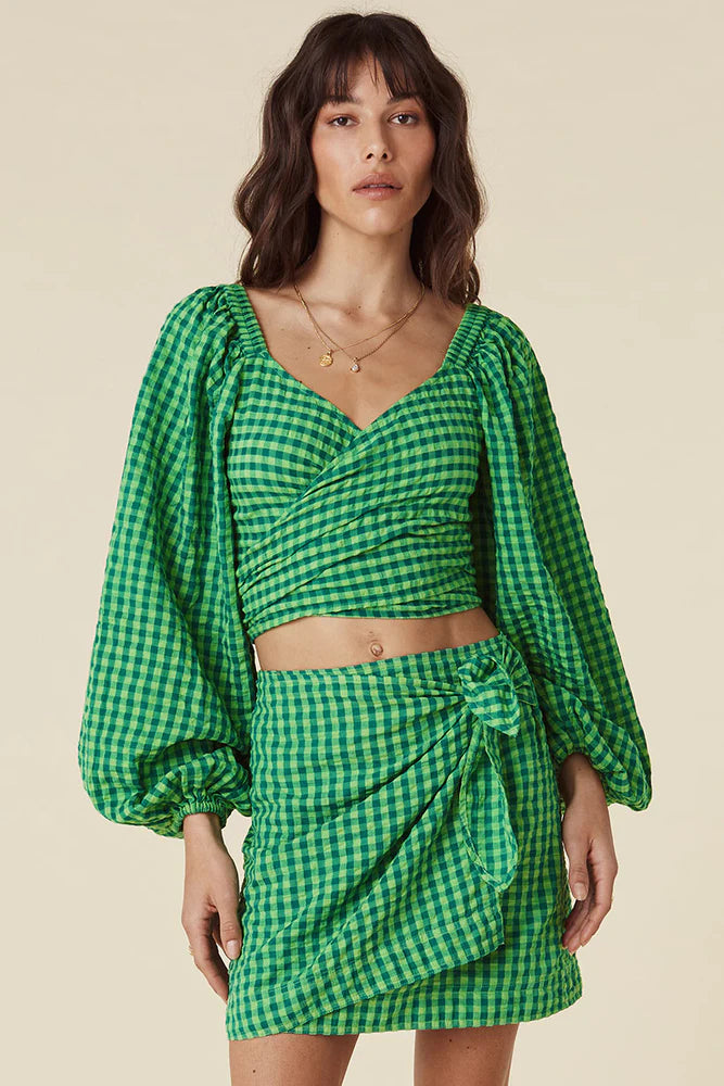 Pixie Gingham Wrap Top