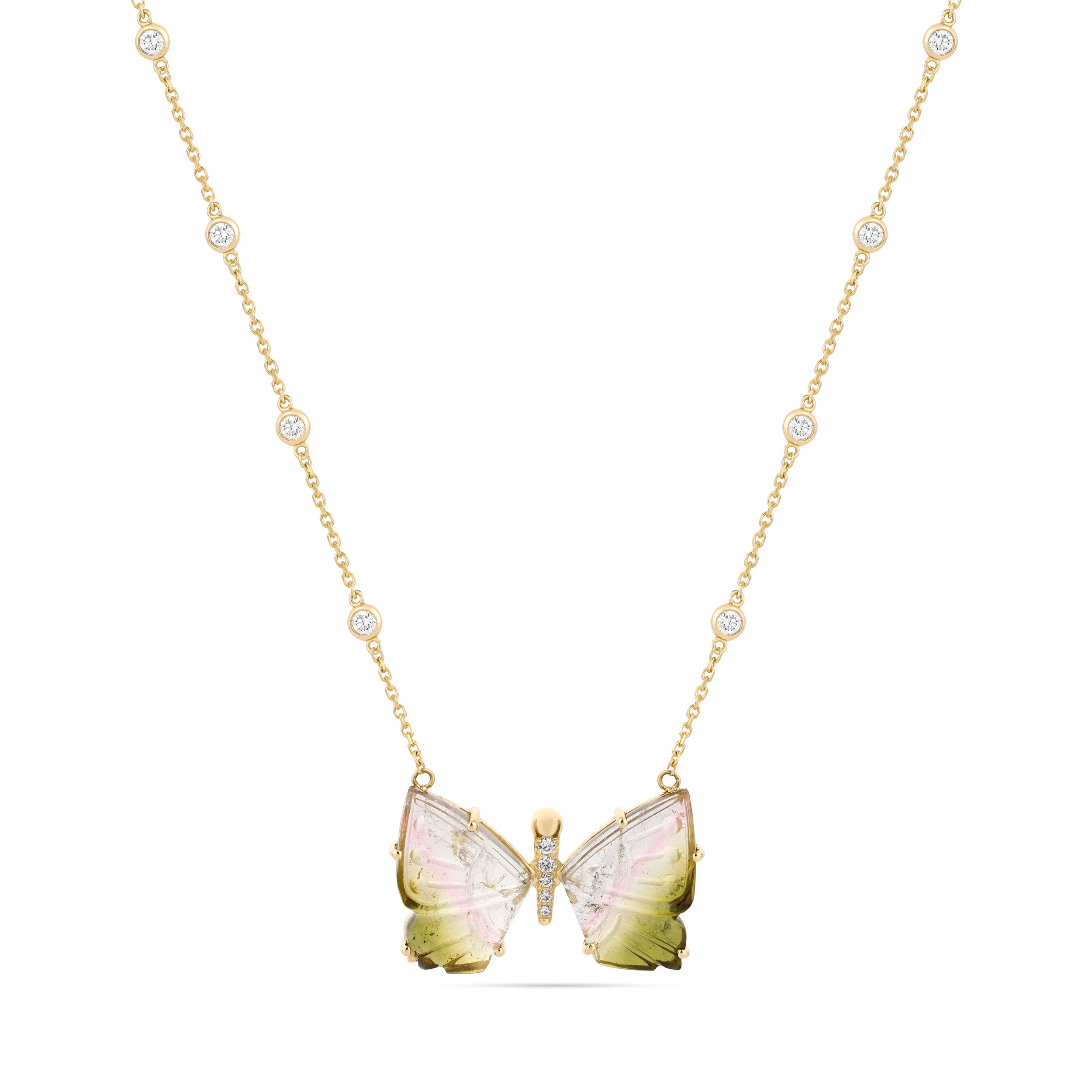 BUTTERFLY BI COLOR TOURMALINE AND DIAMONd NECKLACE