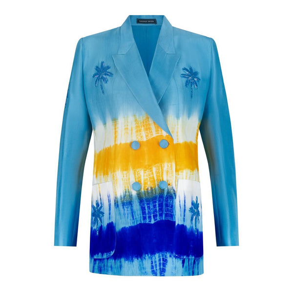 Blue orange tie dye silk blazer