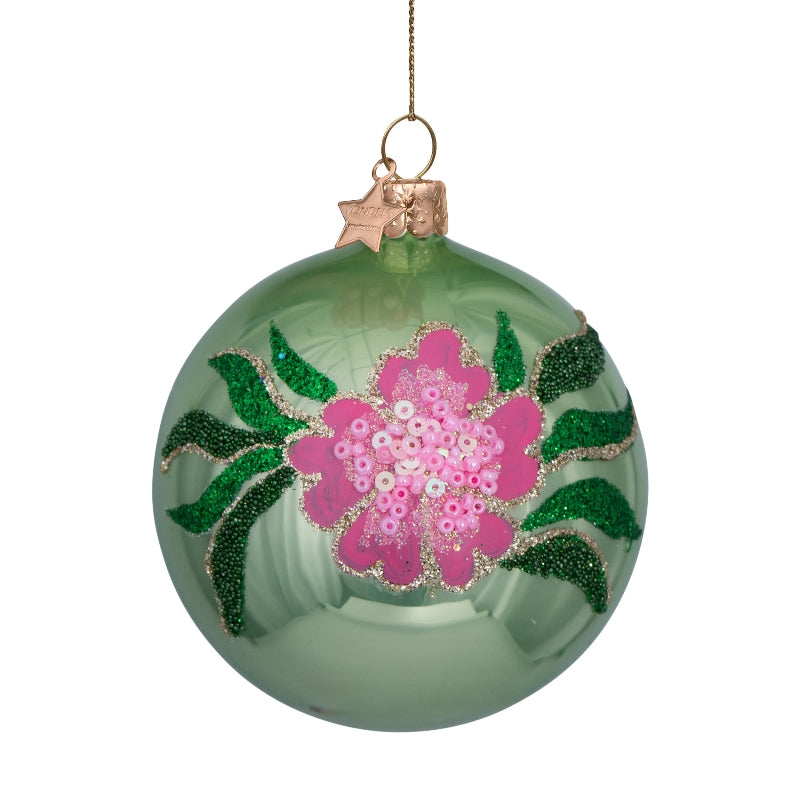 Bauble glass soft green opal with flower