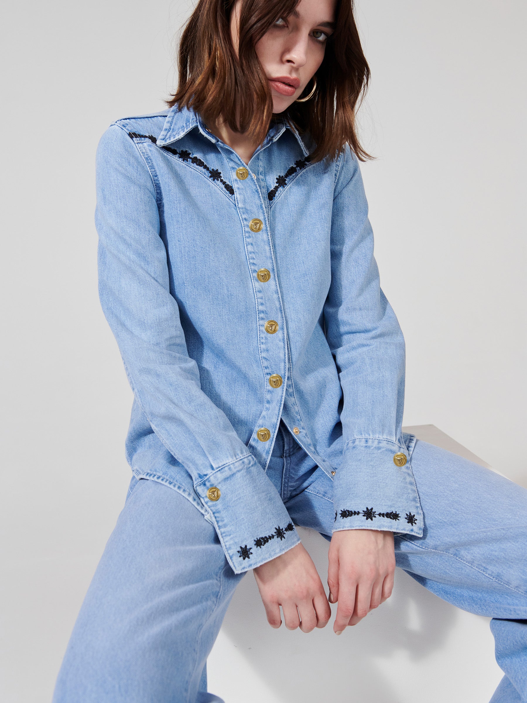 Embroidered Denim Shirt Vintage Blue