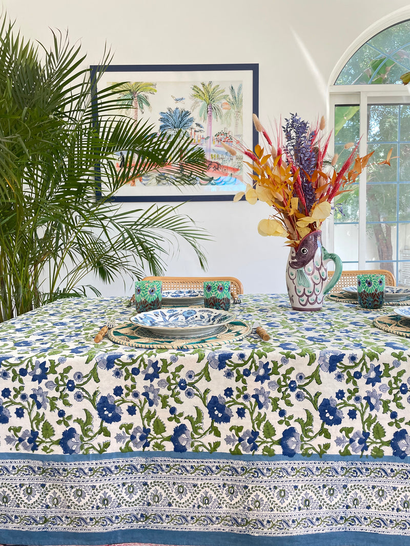 Floral & Garland Tablecloth White Blue